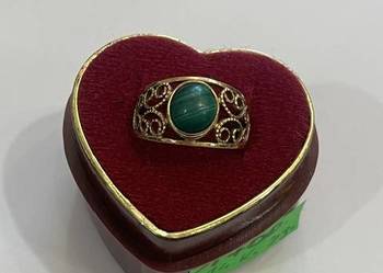 Złoty pierścionek 14K (585) z malachitem – styl vintage, ażurowy