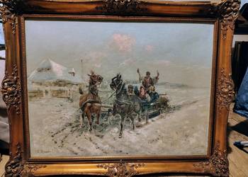 Zimowy kulig stary obraz olejny antyk