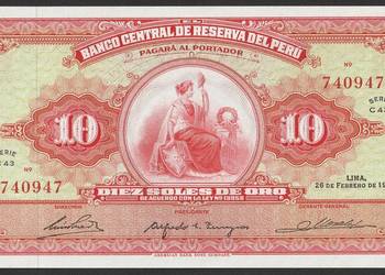 PERU 10 SOLES DE ORO 1965 - STAN BANKOWY UNC
