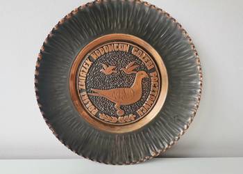 Stary miedziany talerz Polski Związek Hodowców Gołębi Pocztowych, PRL 1960