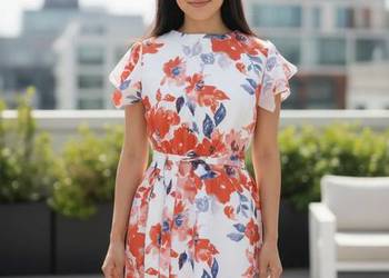 Sukienka damska elegancka kwiaty falbana wiązana paskiem r. 42 biust 104 cm