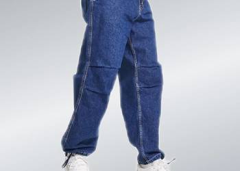 Spodnie jeansy ciemne szerokie cargo Bershka 34 36 38 buggy ściągacze
