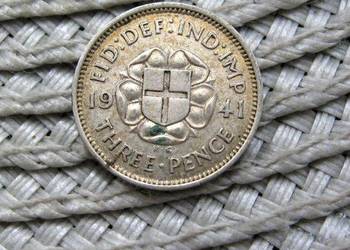 Wielka Brytania 3 Pensy 1941r - SREBRO - Nieczyszczona