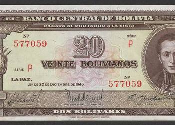 Boliwia 20 bolivianos 1945 - stan bankowy - UNC -