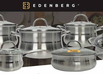 Garnki komplet Edenberg 12el stalowe patelnia teflon +10 ściereczek+dodatki