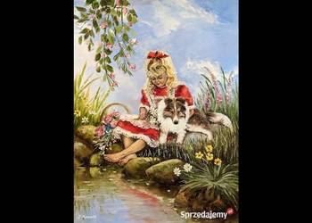 Kowalik - " Przyjaciel " - 60x80cm Dziewczynka Piesek Obraz Olejny