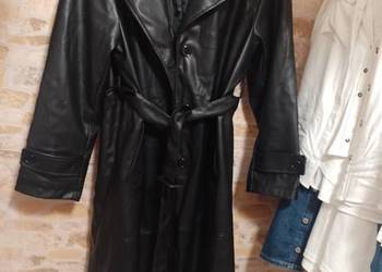(46/3XL) Czarny, skórzany płaszcz z paskiem z Londynu, NOWY